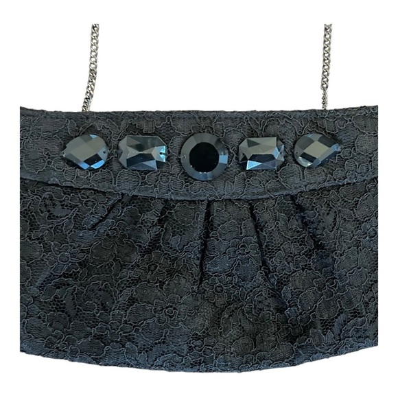 WHBM Womens Lace and Jewel Evening Bag Clutch Chain Strap Black Holiday - Picture 2 of 6